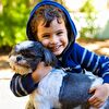 Little boy wearing a blue hoodie and hugging a dog
